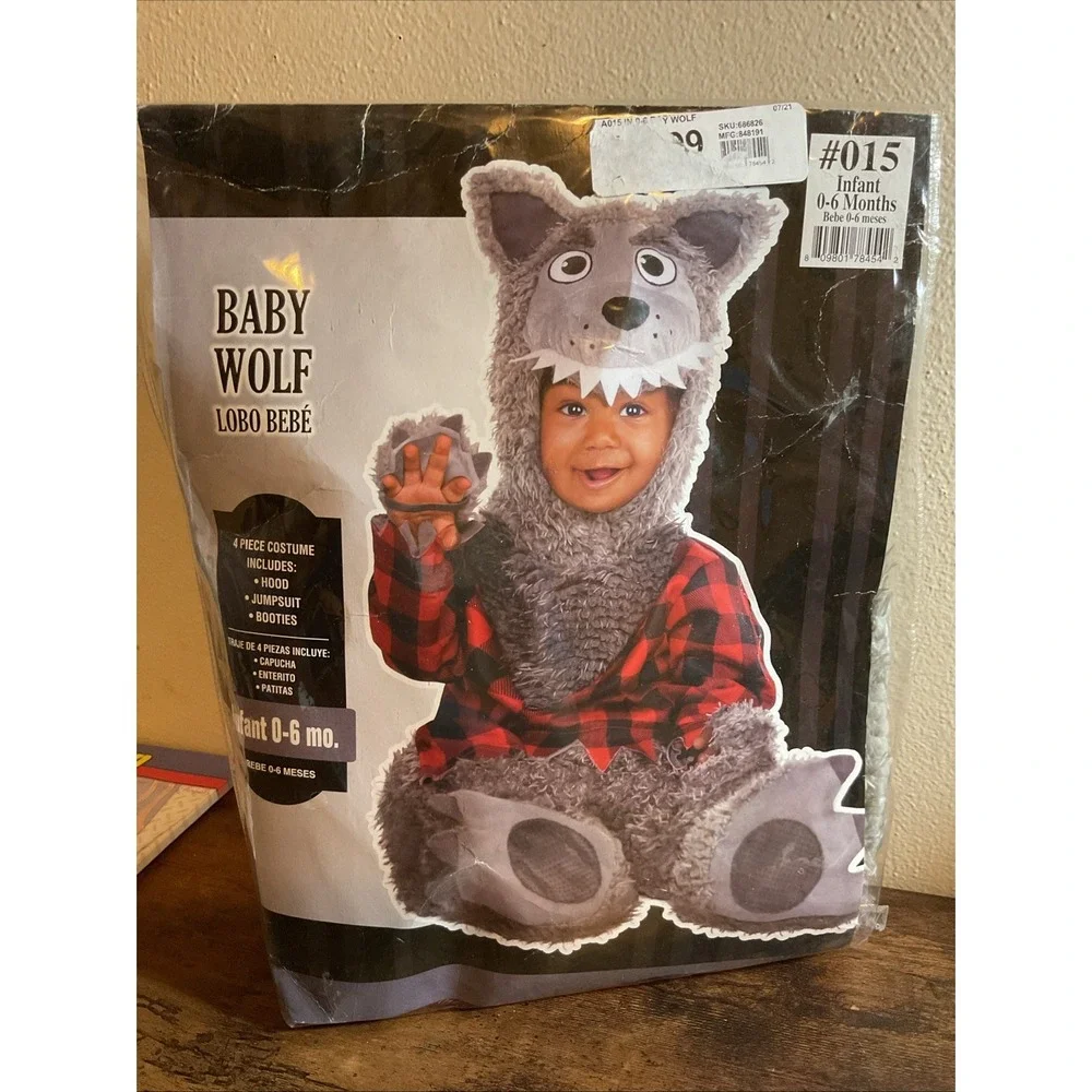 New Baby Wolf Costume Infant Size 0-6‎ Months 4 Piece Hood, Jumpsuit, & Booties